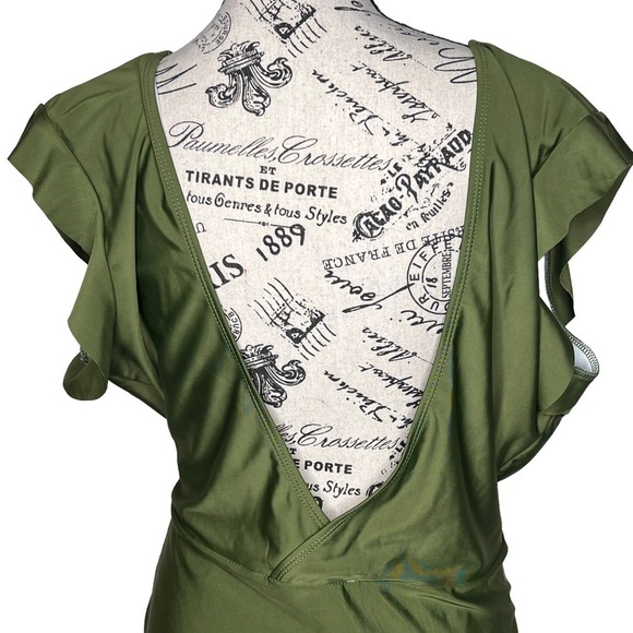 Olive Green One Piece Swim Suit Size 3X Plunging V-Neck Open Back Flutter Sleeve - Picture 16 of 16